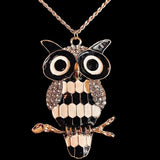 Rhinestone Owl Glazed Branch Pendant Sweater Chain - White And Black
