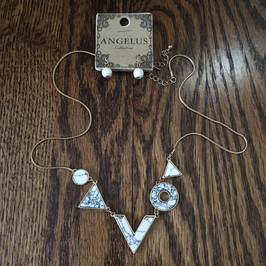 Gold Tone Geometric Necklace Set- Howlite