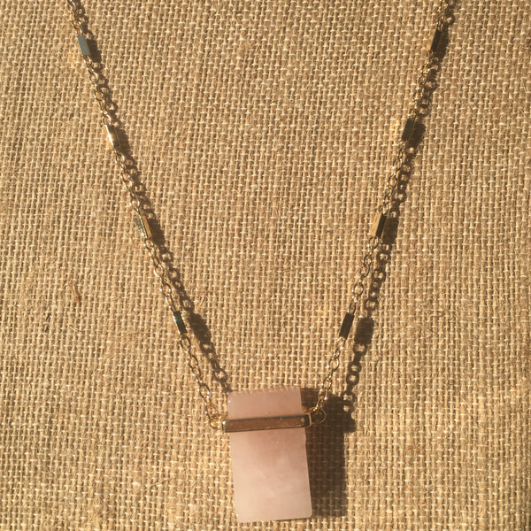 Gold Tone Natural Stone Pendant Necklace- Pink