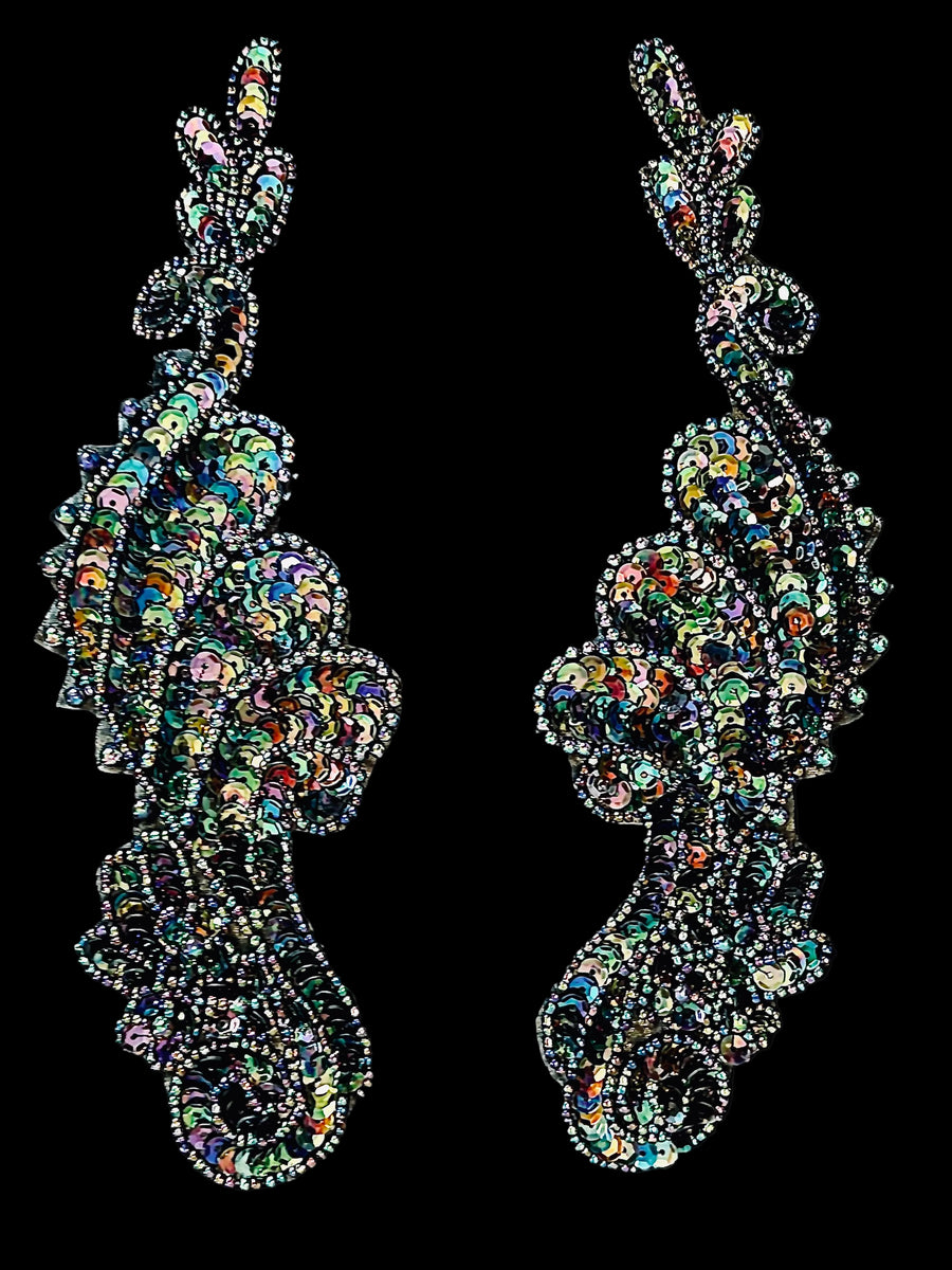 Black Aurora Borealis Beaded Sequin Scroll Appliqués- Mirrored Set of 2
