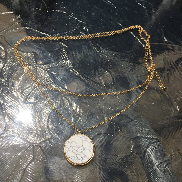 Gold Tone Double-Sided Stone Disk Necklace- Howlite & Blue