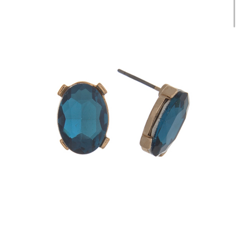 Gold Tone Oval Rhinestone Post Earrings- Teal