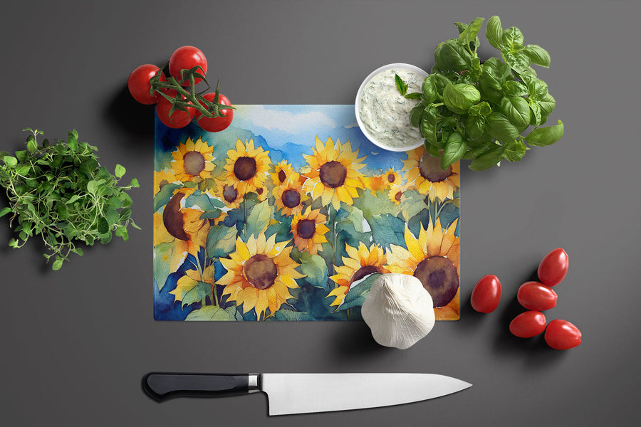 Sunflowers in Watercolor Glass Cutting Board 8