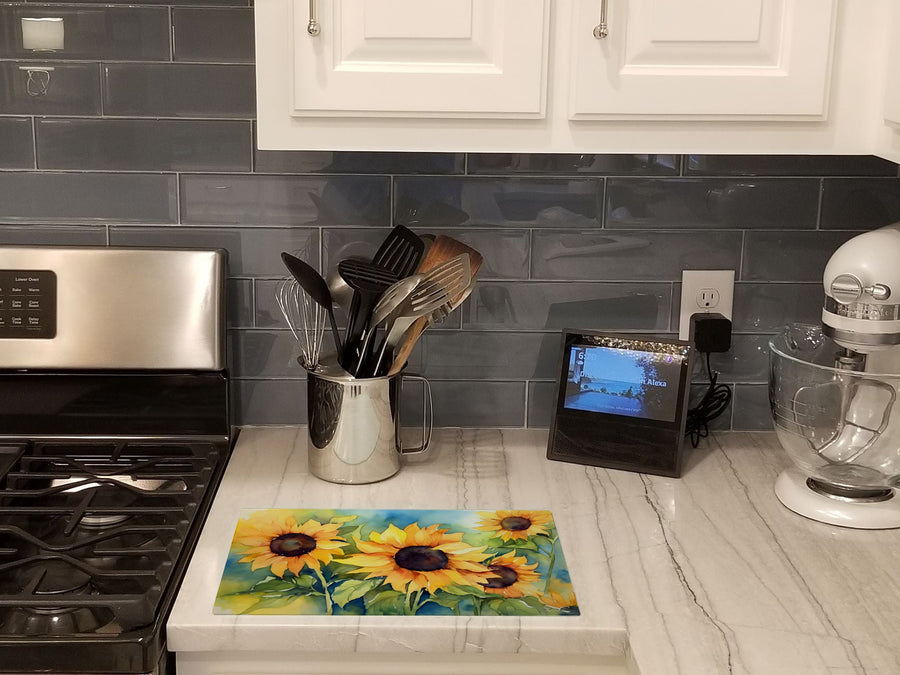Sunflowers in Watercolor Glass Cutting Board 2