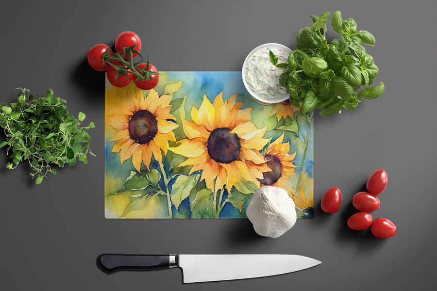 Sunflowers in Watercolor Glass Cutting Board 2