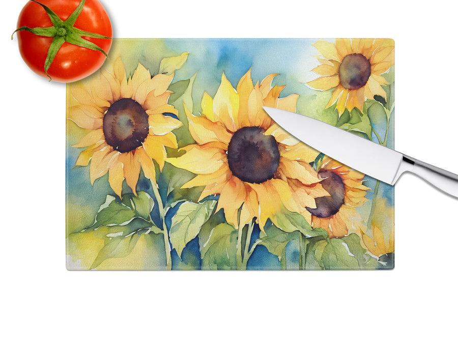 Sunflowers in Watercolor Glass Cutting Board 2