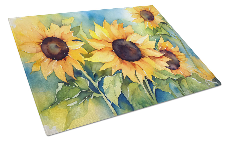 Sunflowers in Watercolor Glass Cutting Board 2