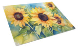 Sunflowers in Watercolor Glass Cutting Board 2