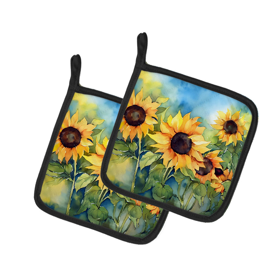 Sunflowers in Watercolor Pair of Pot Holders 2