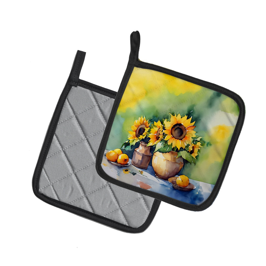 Sunflowers in Watercolor Pair of Pot Holders 4
