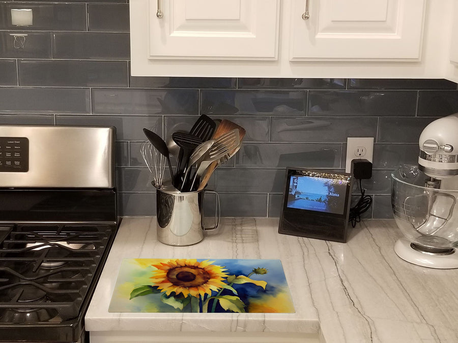 Sunflowers in Watercolor Glass Cutting Board 5
