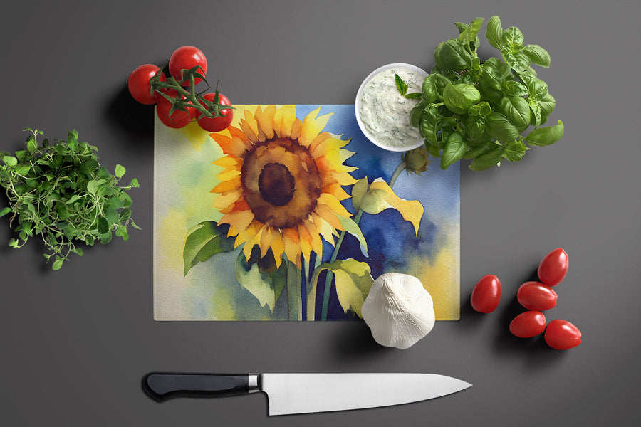 Sunflowers in Watercolor Glass Cutting Board 5