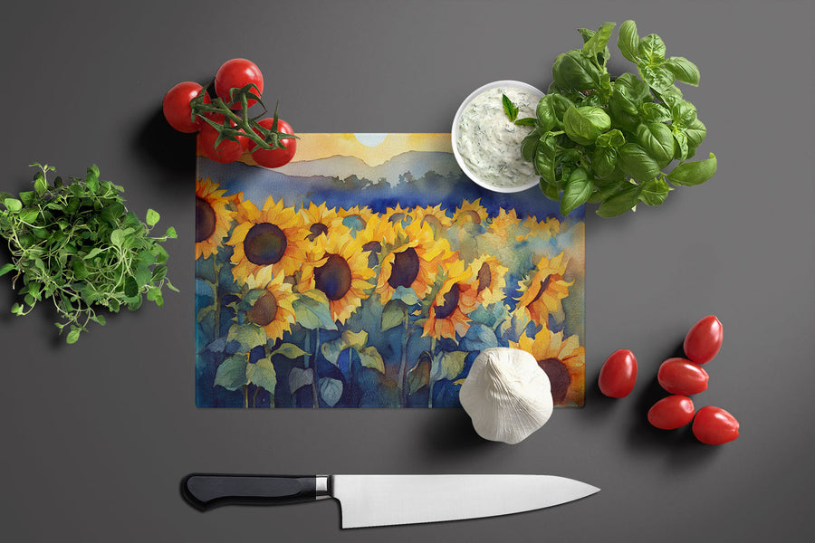 Sunflowers in Watercolor Glass Cutting Board 7