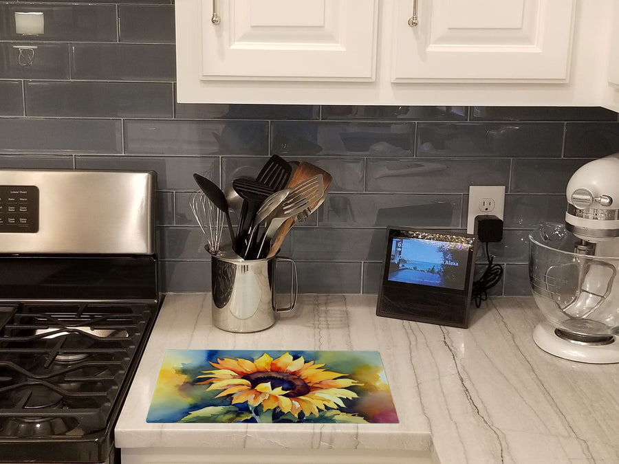 Sunflowers in Watercolor Glass Cutting Board 3