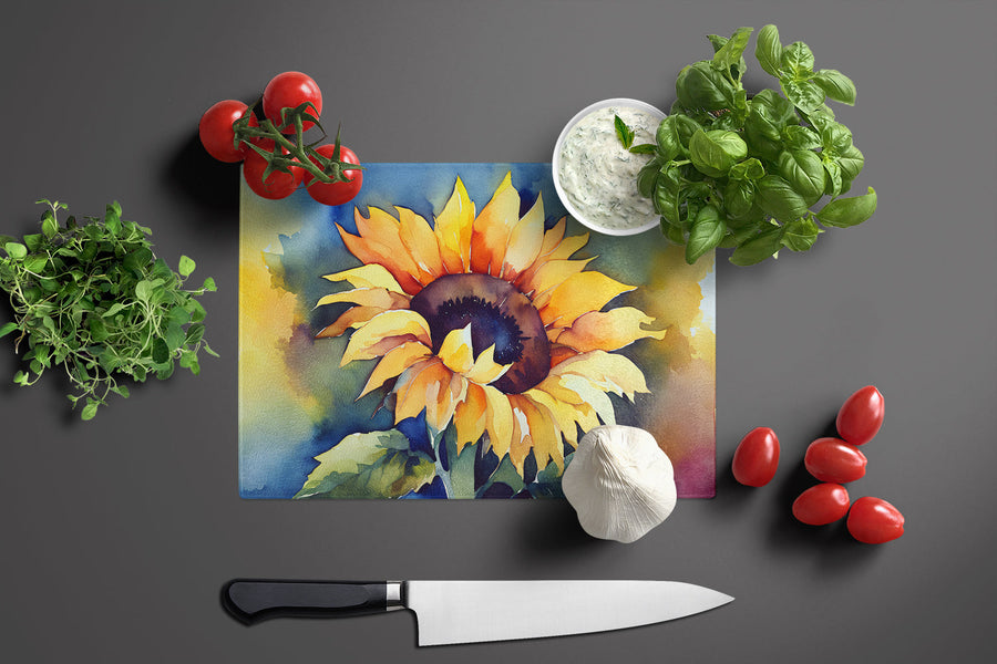Sunflowers in Watercolor Glass Cutting Board 3