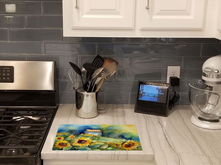 Sunflowers in Watercolor Glass Cutting Board 1