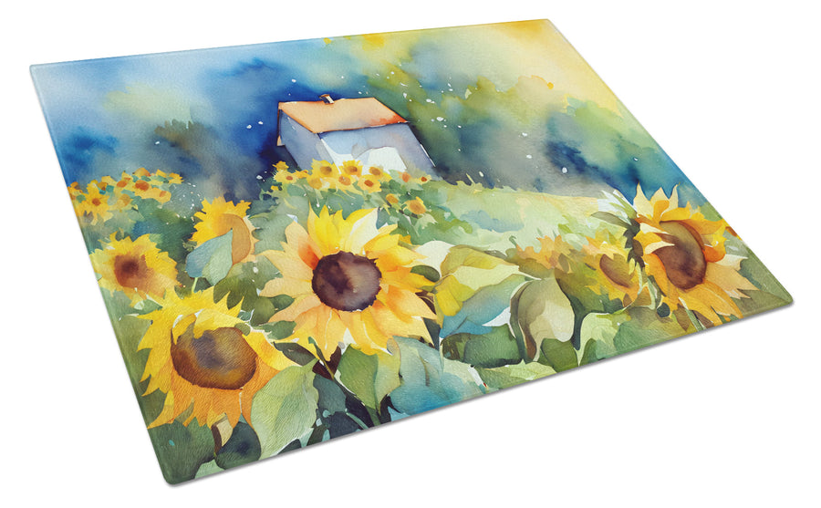 Sunflowers in Watercolor Glass Cutting Board 1