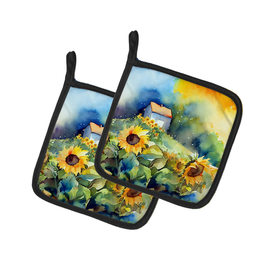 Sunflowers in Watercolor Pair of Pot Holders 1