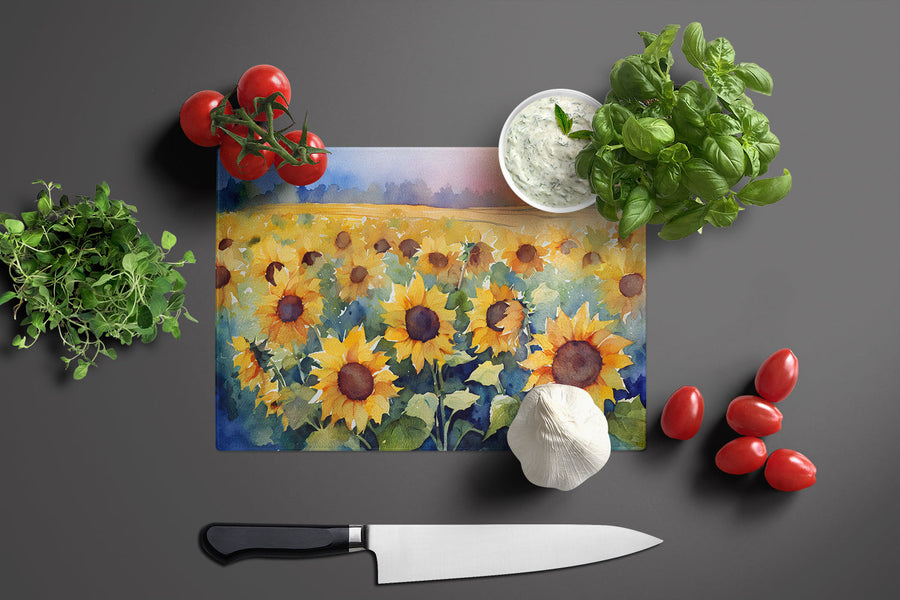 Sunflowers in Watercolor Glass Cutting Board 6