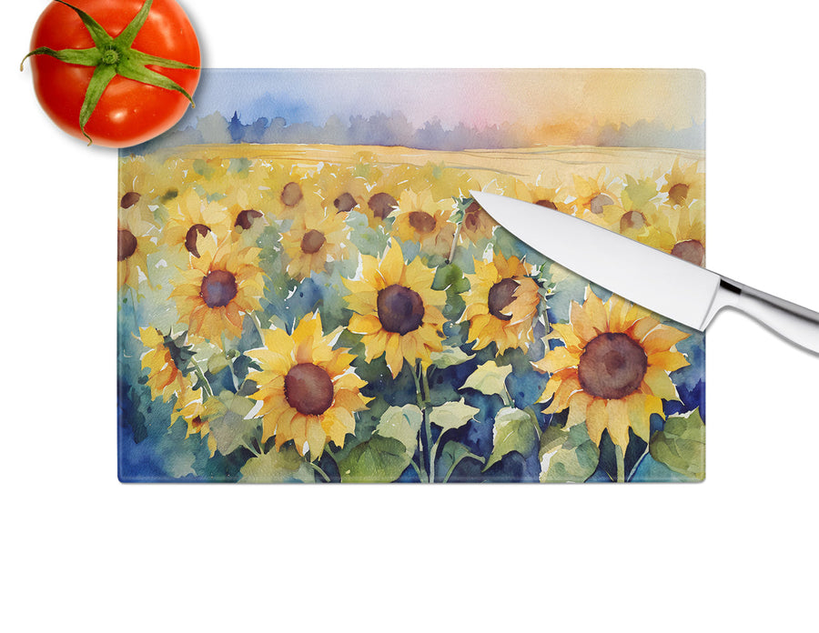 Sunflowers in Watercolor Glass Cutting Board 6