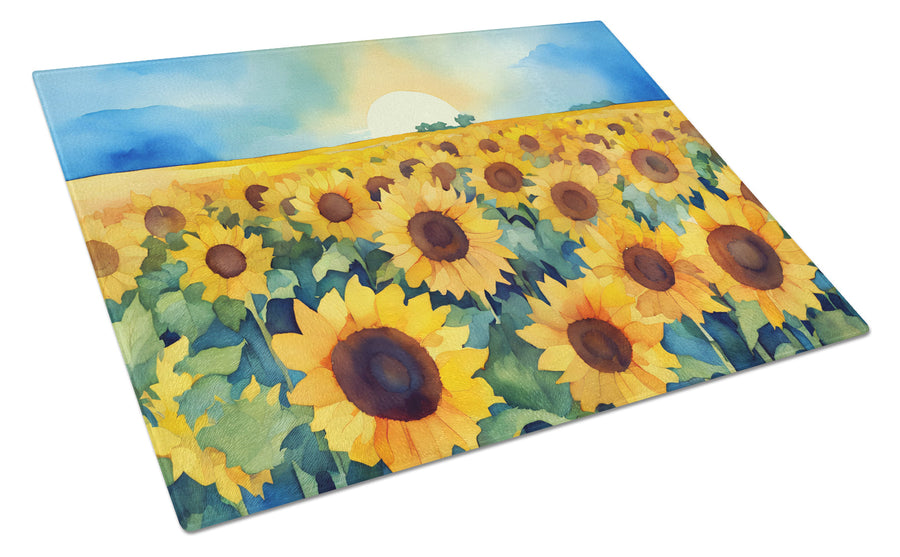 Kansas Sunflowers in Watercolor Glass Cutting Board
