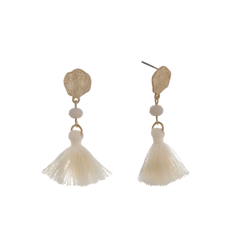 Matte Gold Tone Bead & Tassel Drop Earrings- Ivory