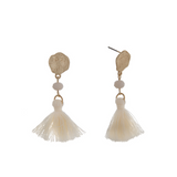 Matte Gold Tone Bead & Tassel Drop Earrings- Ivory
