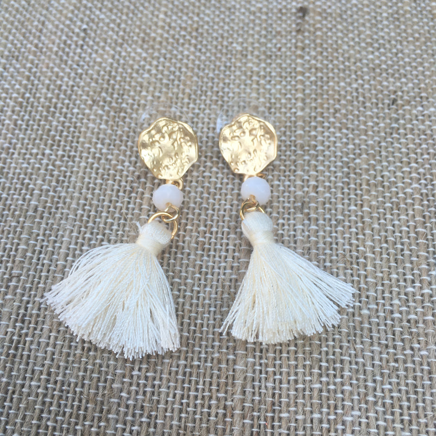 Matte Gold Tone Bead & Tassel Drop Earrings- Ivory