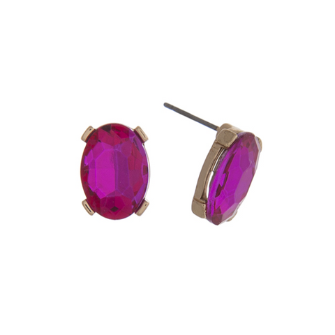 Gold Tone Oval Rhinestone Post Earrings- Fuchsia