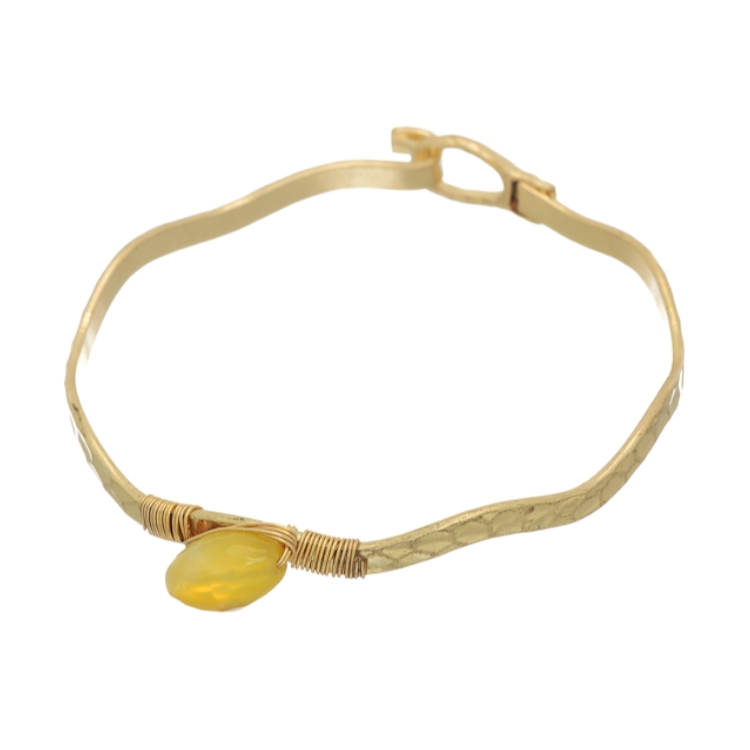 Worn Gold Tone Wavy Latch Bangle with Stone- Yellow