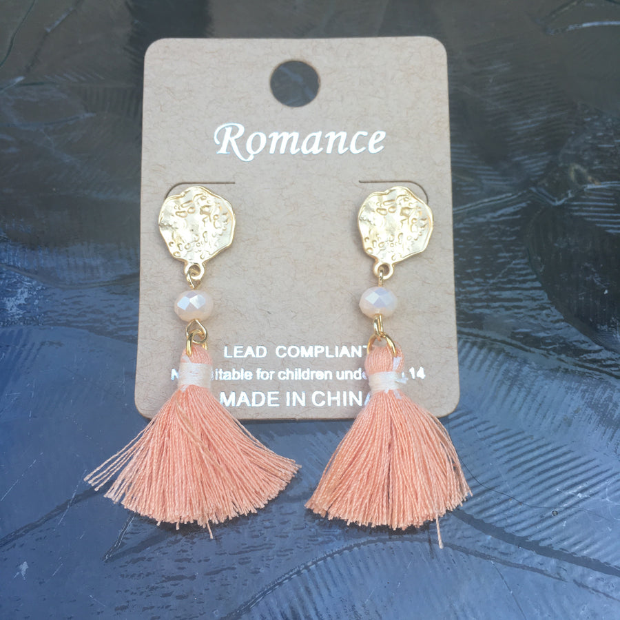 Matte Gold Tone Bead & Tassel Drop Earrings- Peach & Cream