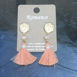 Matte Gold Tone Bead & Tassel Drop Earrings- Peach & Cream