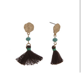 Matte Gold Tone Bead & Tassel Drop Earrings- Brown & Turquoise