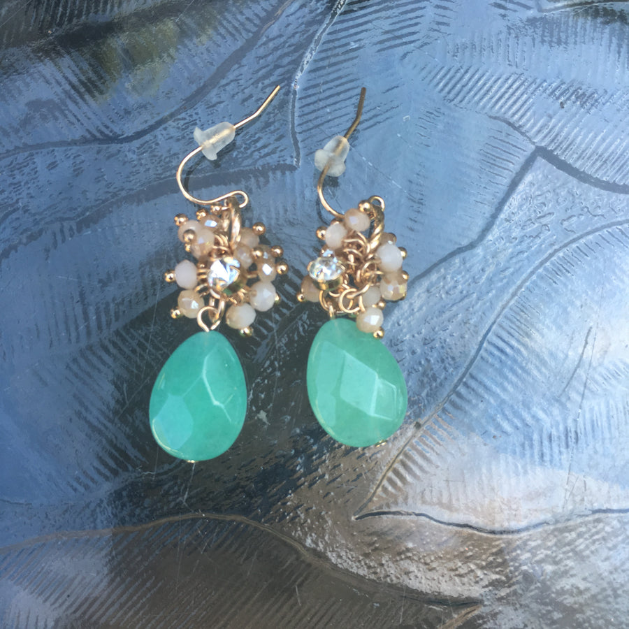 Gold Tone Beaded Teardrop Earrings- Mint