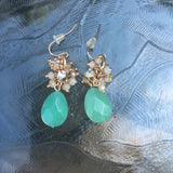 Gold Tone Beaded Teardrop Earrings- Mint