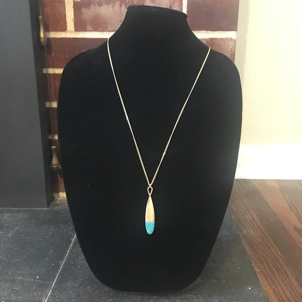 Burnished Gold Tone Necklace with Teardrop Rhinestone Pendant- Aqua