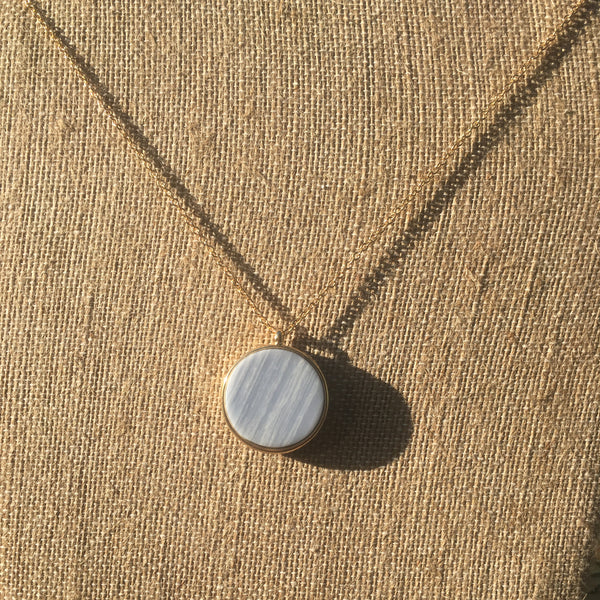 Gold Tone Double-Sided Stone Disk Necklace- Howlite & Blue