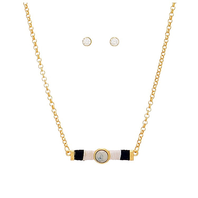 Gold Tone Bar & Stone Necklace Set- Black & White