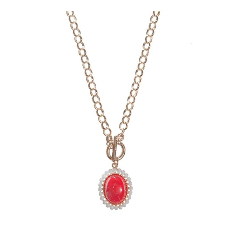 Gold Tone Chain Link Toggle Necklace with Pendant- Red & White