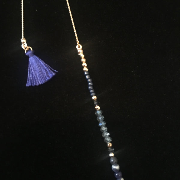 Gold Tone Adjustable Teardrop, Beads, & Tassel Necklace- Navy