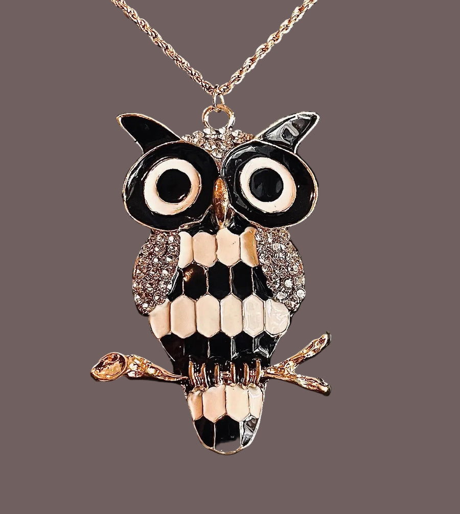 Rhinestone Owl Glazed Branch Pendant Sweater Chain - White And Black