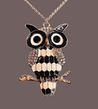 Rhinestone Owl Glazed Branch Pendant Sweater Chain - White And Black