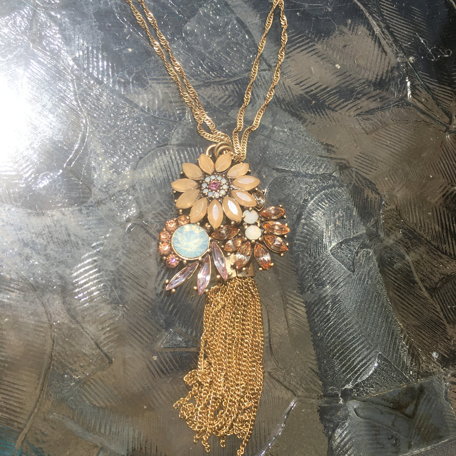 Burnished Gold Tone Rhinestone & Tassel Floral Pendant Necklace- Peach & White Opal