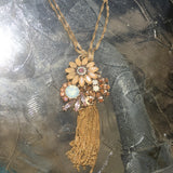 Burnished Gold Tone Rhinestone & Tassel Floral Pendant Necklace- Peach & White Opal