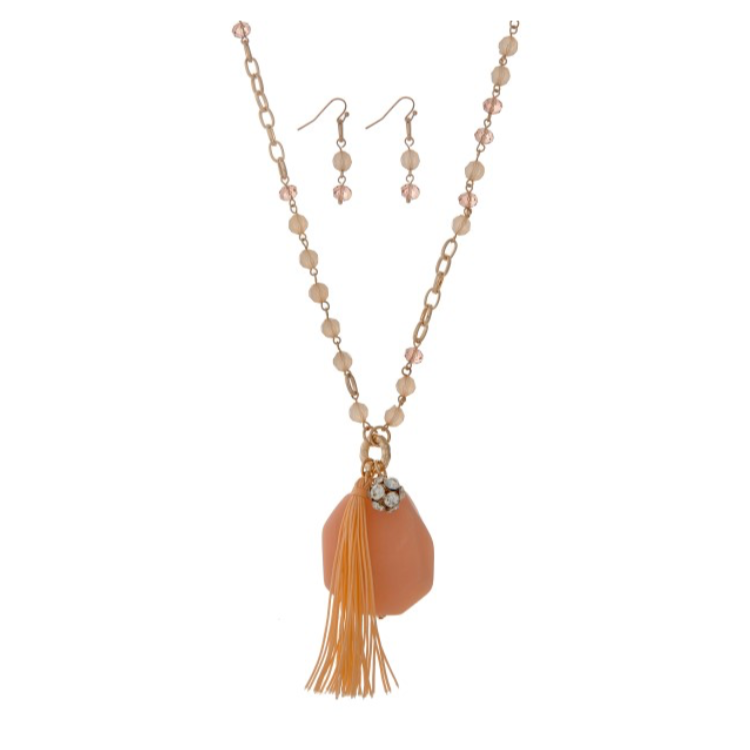 Gold Tone Beads, Stone, & Tassel Necklace Set- Peach