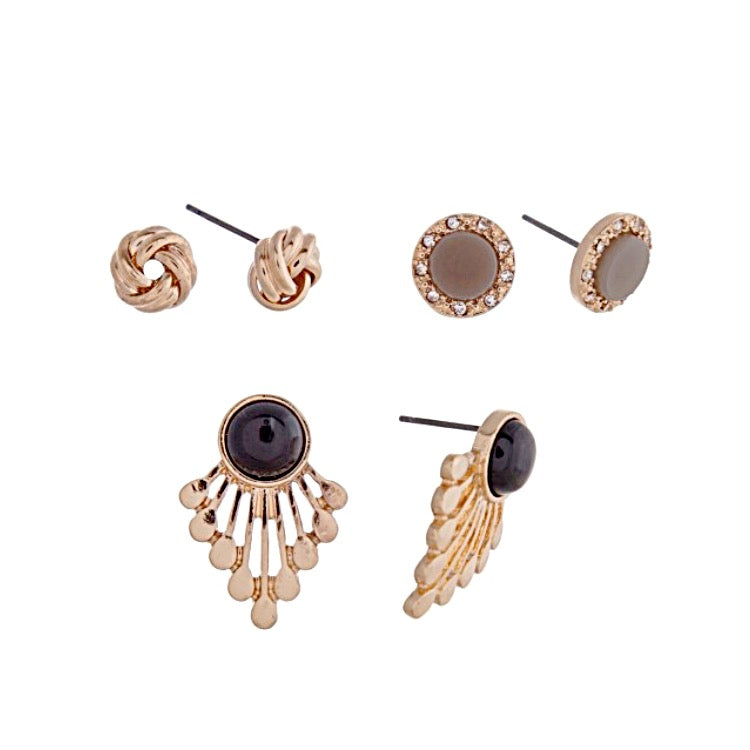 Gold Tone Earring Trio- Black & Gray