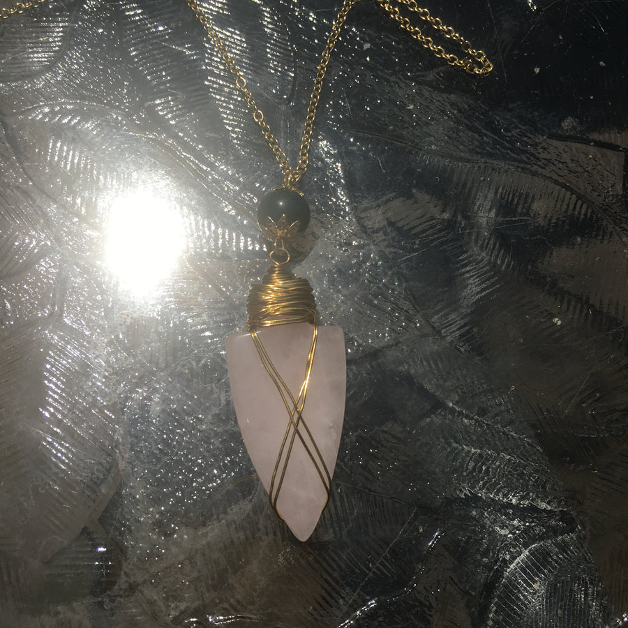 Gold Tone Bead & Wire-Wrapped Arrowhead Pendant Necklace- Rose Quartz