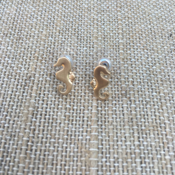 Matte Gold Tone Post Earrings- Seahorse