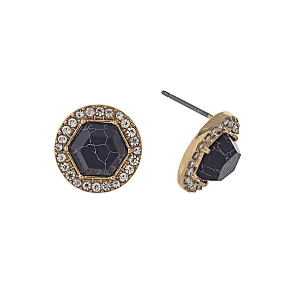 Gold Tone Stone Halo Post Earrings- Black