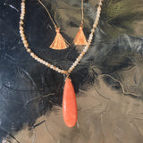 Gold Tone Adjustable Teardrop, Beads, & Tassel Necklace- Peach